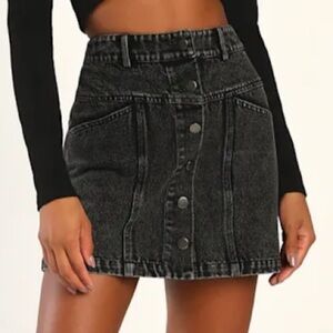 Lulus Real Babe Black Denim Skirt Size Medium High Waisted Button Front Pockets